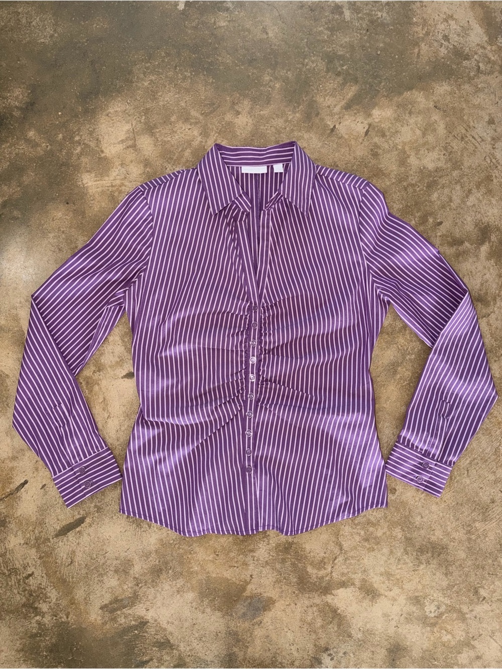 New York & Company Purple Striped Ruched Button Front Blouse M
